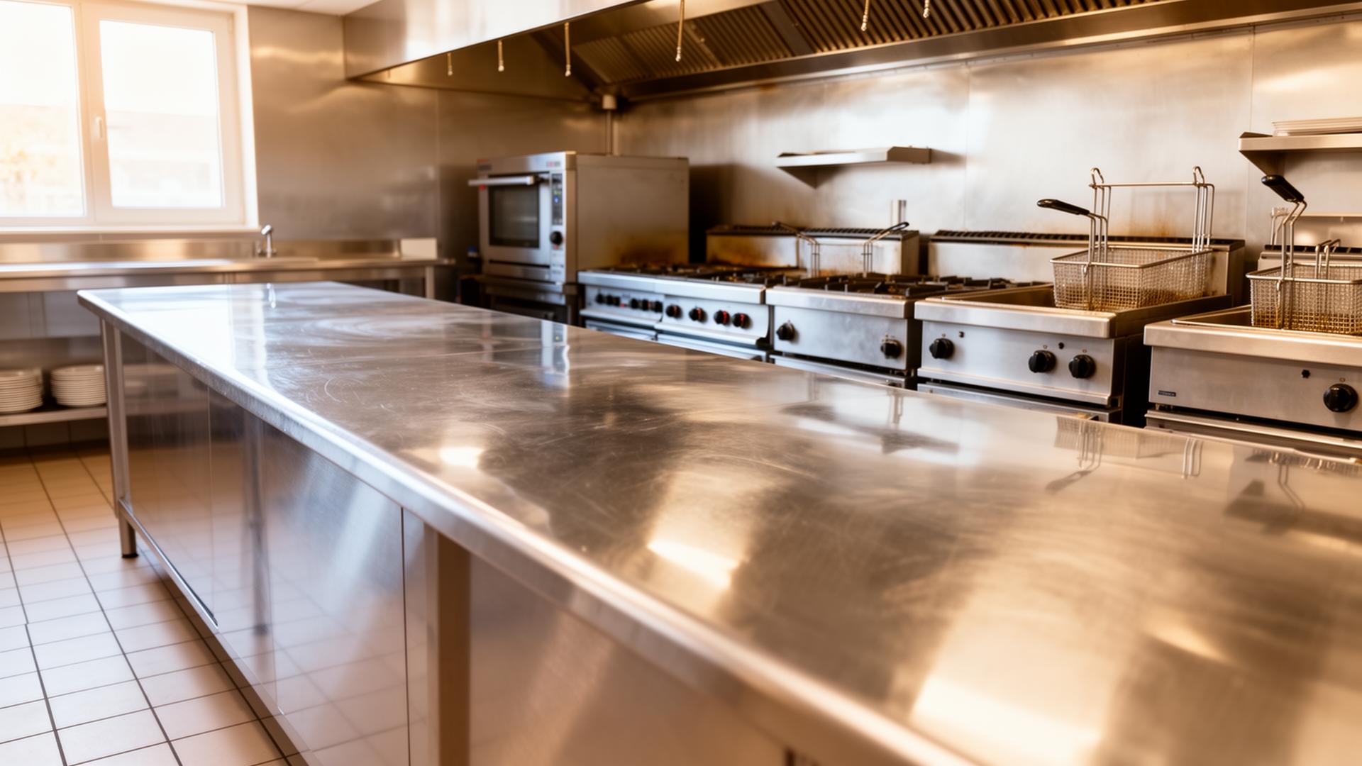 Clean stainless steel commercial kitchen